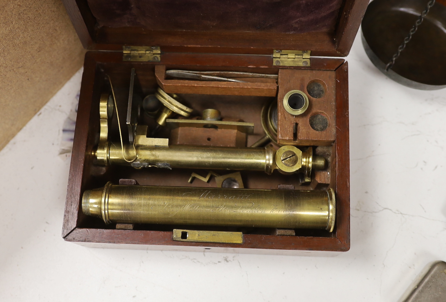 A Victorian cased mahogany microscope, signed Marratt London and other 19th century instruments